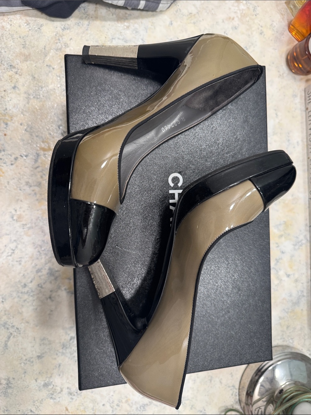 CHANEL Taupe and Black Patent Leather Heels with Silver Accent - Picture 4 of 6